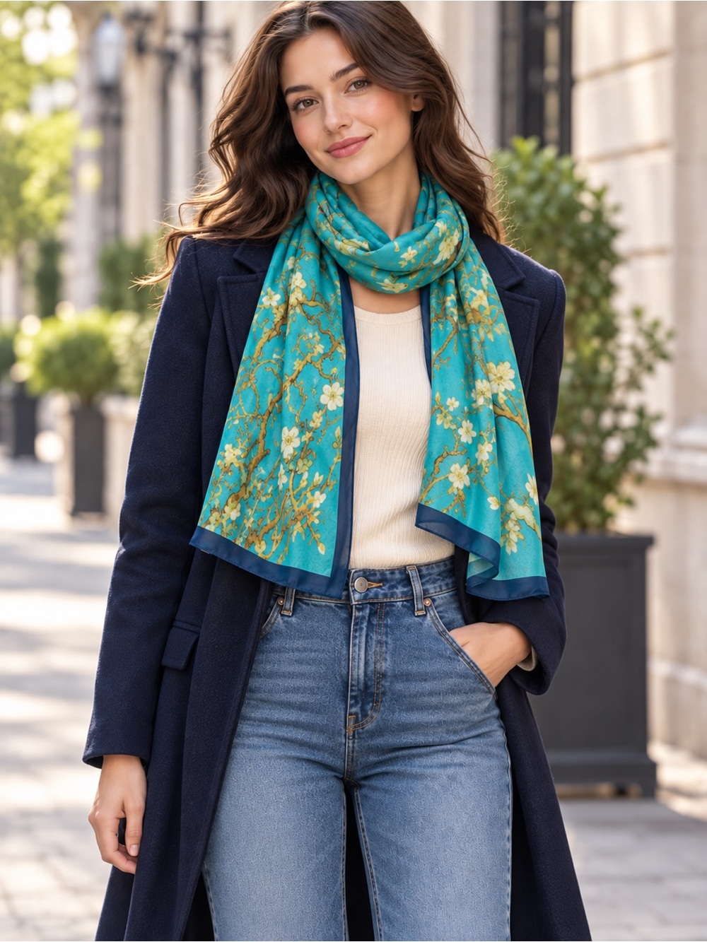 Turquoise Floral Scarf Size 19'' x 60''